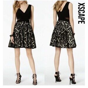 X by Xscape Womens Double V Neck Printed Fit & Flare Dress 6 sheer elegant print